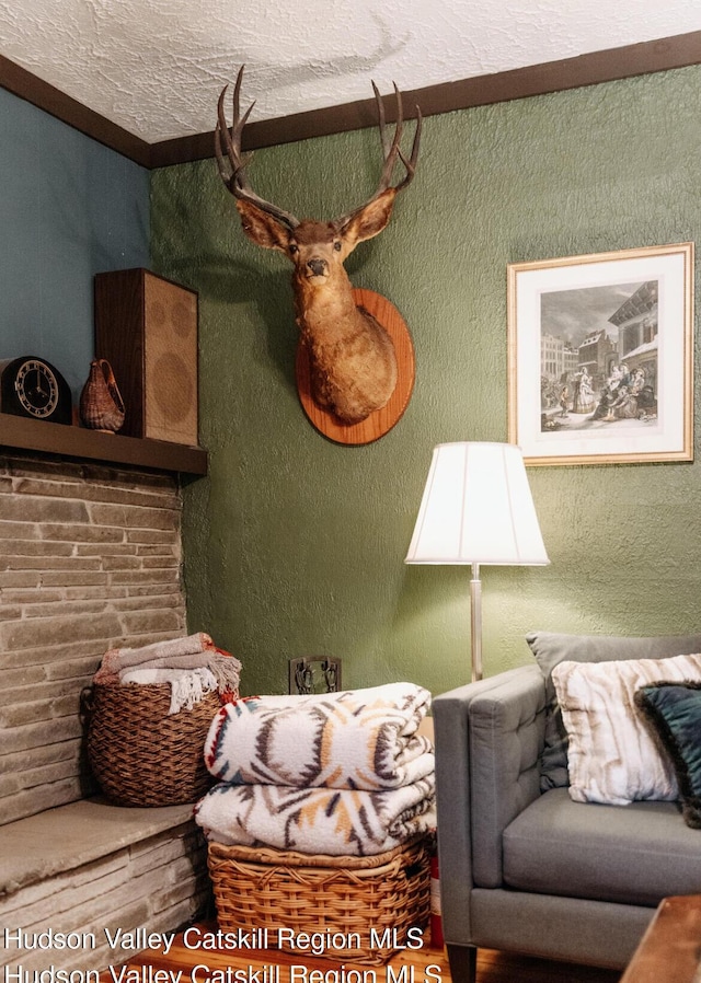 living room with a textured ceiling and crown molding