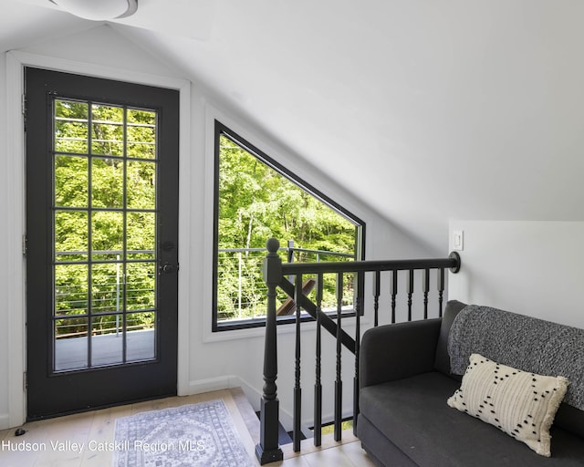 20 Sutton Hollow Rd, Windham, NY 12496 - doorway featuring vaulted ceiling, plenty of natural light, and baseboards