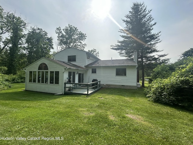 48 Kensington Dr, Hopewell Junction, NY 12533 - rear view of property with a wooden deck, a lawn, crawl space, and roof with shingles