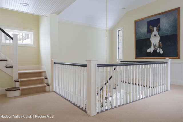 196 Wellington Ln, Cooperstown, NY 13326 - hallway with carpet flooring, stairway, and lofted ceiling