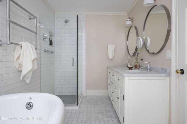 196 Wellington Ln, Cooperstown, NY 13326 - bathroom featuring a stall shower, a soaking tub, double vanity, ornamental molding, and tile patterned flooring