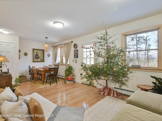 living room with wood-type flooring, baseboard heating, and a wealth of natural light