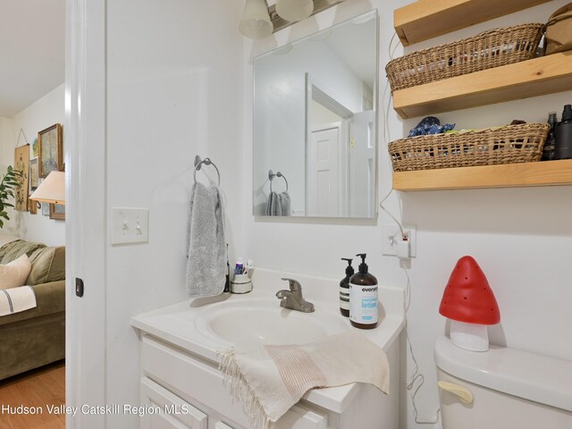 bathroom with toilet, vanity, and hardwood / wood-style flooring