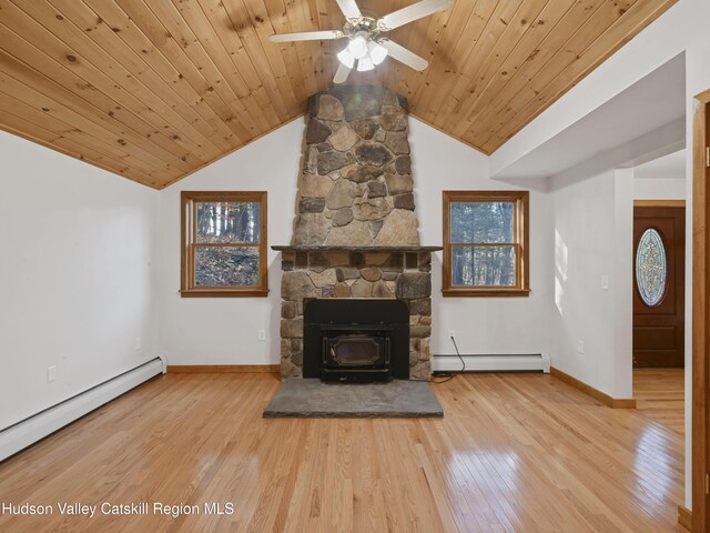 unfurnished living room with wooden ceiling, light wood-type flooring, lofted ceiling, and a baseboard heating unit