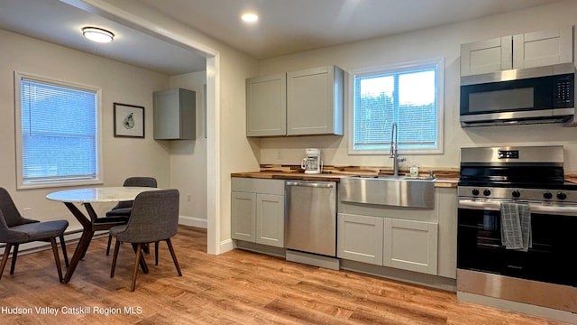 kitchen with wood counters, gray cabinets, stainless steel appliances, light hardwood / wood-style flooring, and sink