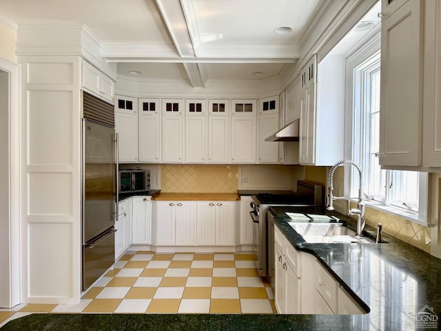 524 County Route 17, North Chatham, NY 12132 - kitchen with appliances with stainless steel finishes, light flooring, a sink, plenty of natural light, and beam ceiling