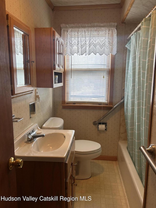 full bathroom featuring vanity, toilet, and shower / tub combo with curtain