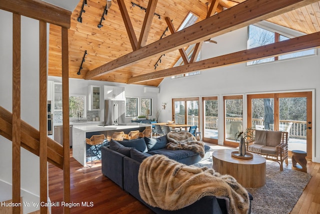 living room with a wealth of natural light, sink, dark wood-type flooring, and wood ceiling