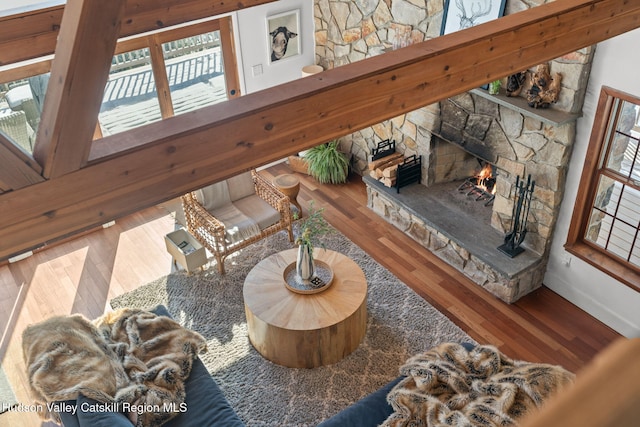 living room with wood-type flooring and a stone fireplace