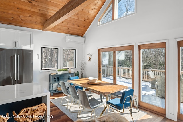 dining space with wooden ceiling, plenty of natural light, light hardwood / wood-style flooring, and an AC wall unit