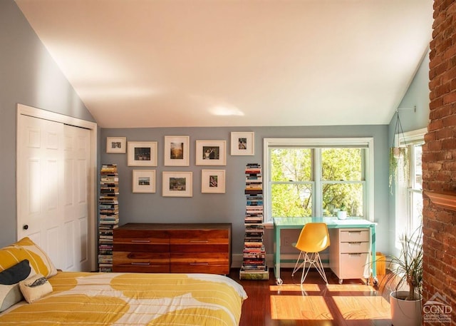 bedroom with lofted ceiling, wood finished floors, multiple windows, a closet, and a desk