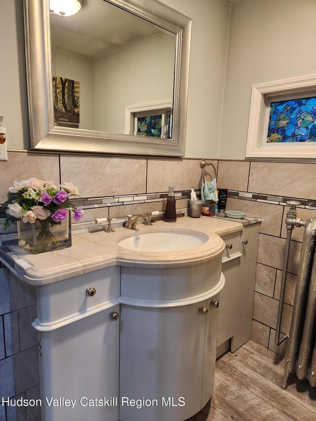 bathroom with vanity, tile walls, wood finished floors, and a wainscoted wall