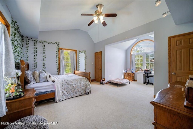 424 Joys Ln, Hurley, NY 12443 - bedroom with lofted ceiling, carpet flooring, and ceiling fan