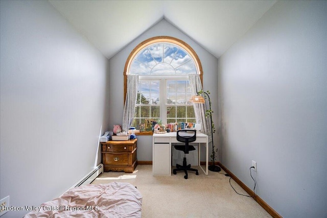 424 Joys Ln, Hurley, NY 12443 - office area featuring vaulted ceiling, light carpet, baseboards, and a baseboard heating unit
