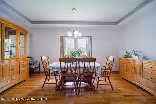424 Joys Ln, Hurley, NY 12443 - dining area with light wood-style floors, a chandelier, a raised ceiling, and baseboards