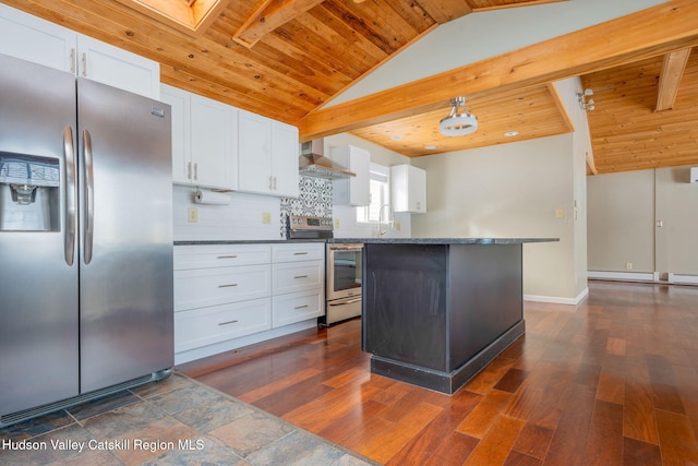 kitchen with dark countertops, appliances with stainless steel finishes, white cabinets, wooden ceiling, and wall chimney exhaust hood