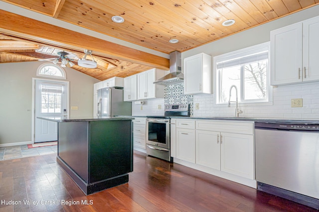 kitchen featuring backsplash, appliances with stainless steel finishes, a sink, wooden ceiling, and wall chimney exhaust hood