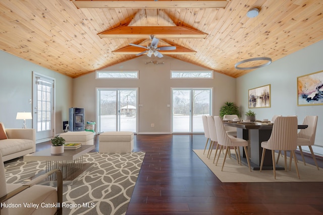 living room featuring high vaulted ceiling, wood ceiling, a healthy amount of sunlight, and hardwood / wood-style flooring