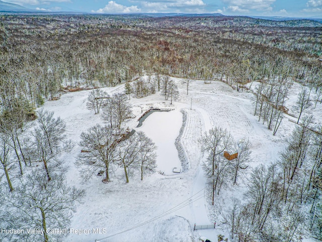 snowy aerial view featuring a mountain view