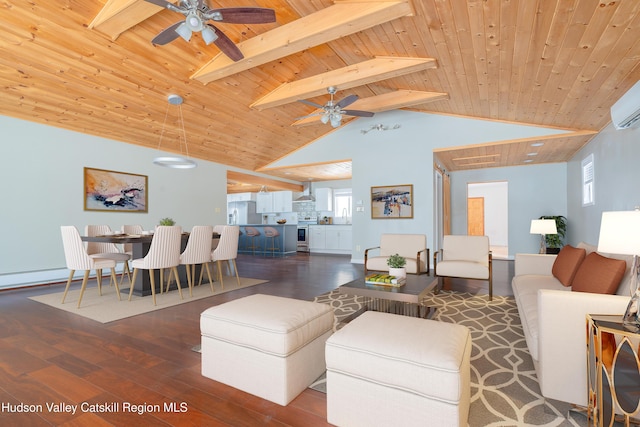 living room featuring wood ceiling, ceiling fan, wood finished floors, and beamed ceiling