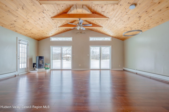 unfurnished living room with high vaulted ceiling, wooden ceiling, a baseboard heating unit, and wood finished floors