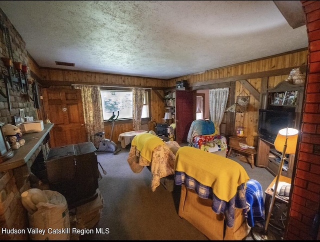 125 County Route 26a, Stuyvesant, NY 12106 - bedroom featuring carpet, wood walls, and a textured ceiling