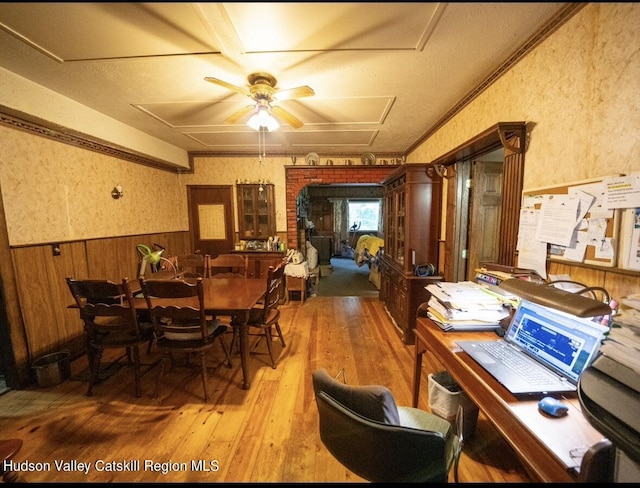 125 County Route 26a, Stuyvesant, NY 12106 - dining area with a wainscoted wall, hardwood / wood-style flooring, ceiling fan, attic access, and wood walls