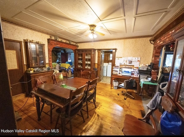 125 County Route 26a, Stuyvesant, NY 12106 - dining room with wood-type flooring, ceiling fan, washer / clothes dryer, coffered ceiling, and wallpapered walls