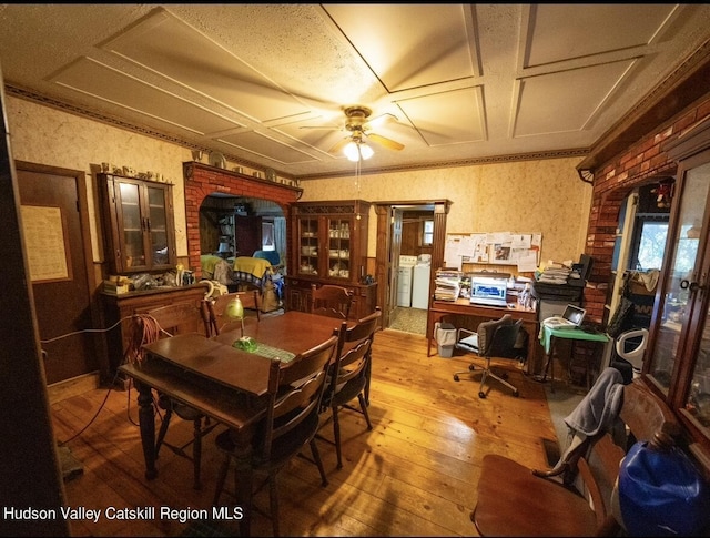 125 County Route 26a, Stuyvesant, NY 12106 - dining room with wood-type flooring, ceiling fan, wallpapered walls, washer / clothes dryer, and a desk