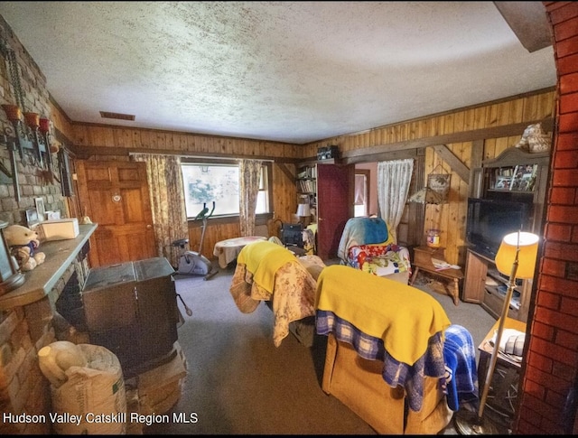 125 County Route 26a, Stuyvesant, NY 12106 - bedroom featuring carpet flooring, wooden walls, and a textured ceiling