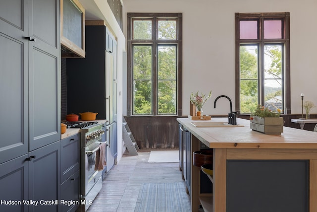 interior space featuring gray cabinetry, high end range, and a wealth of natural light