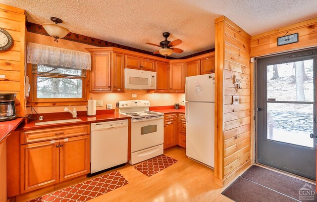 kitchen with white appliances, a sink, a textured ceiling, light wood finished floors, and plenty of natural light