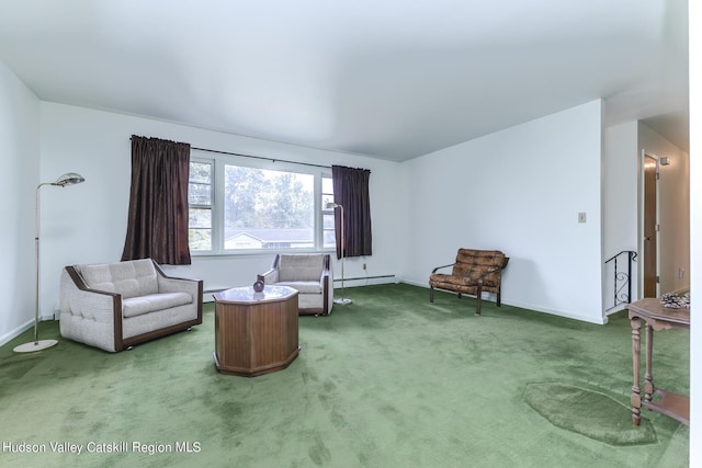 sitting room featuring carpet flooring and a baseboard radiator