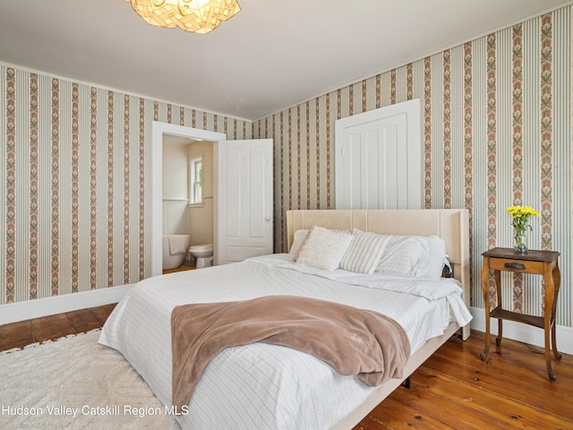 397 Main St, Franklin, NY 13775 - bedroom with ornamental molding, wood-type flooring, wallpapered walls, and baseboards