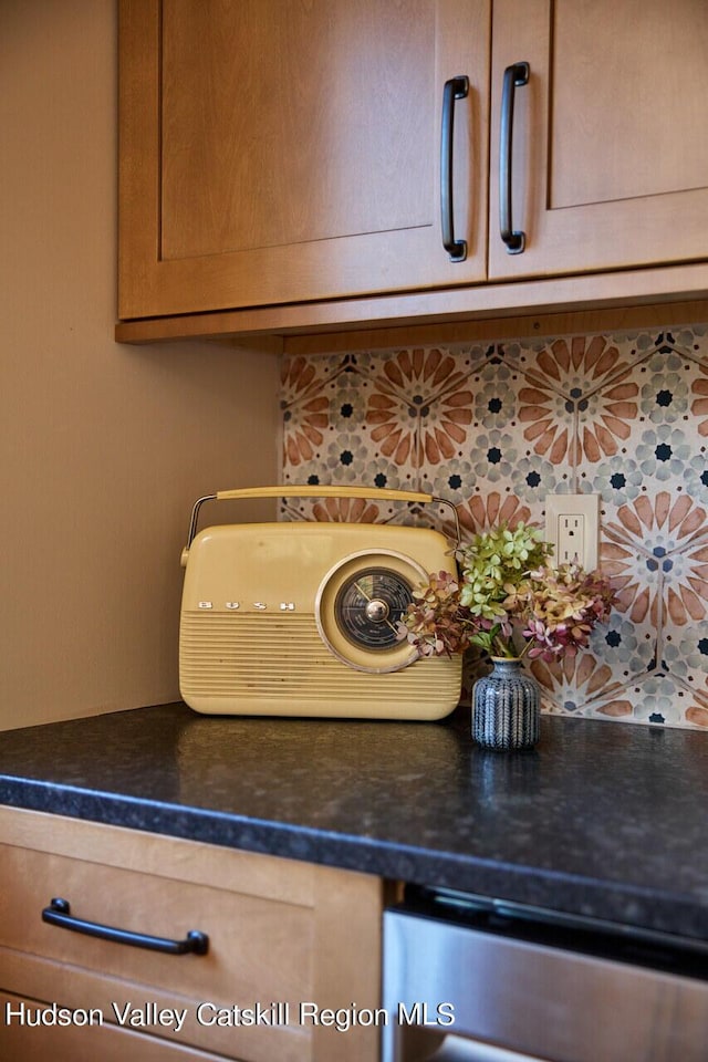 room details with dark countertops, tasteful backsplash, and stainless steel dishwasher