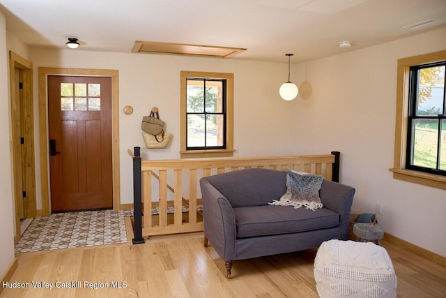 entrance foyer featuring baseboards, a healthy amount of sunlight, and light wood finished floors