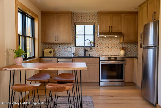 kitchen with decorative backsplash, appliances with stainless steel finishes, a sink, light wood finished floors, and a peninsula