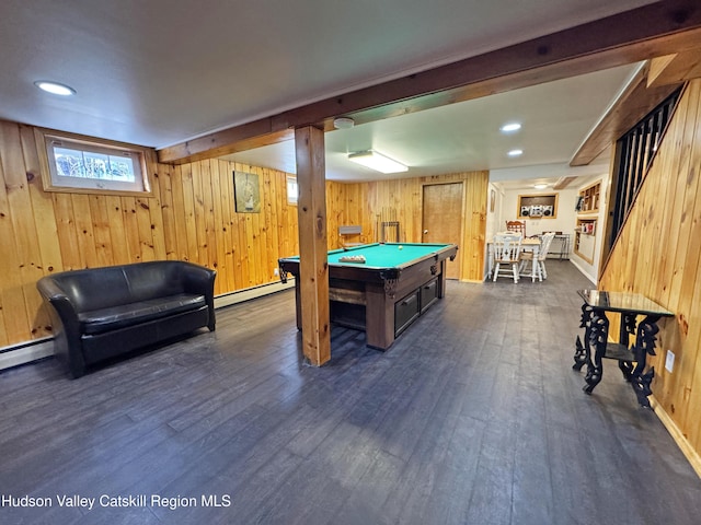 recreation room featuring dark hardwood / wood-style flooring, pool table, baseboard heating, and wood walls