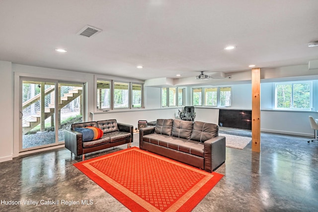 158 Rivka Rd, Saugerties, NY 12477 - living room with baseboards, recessed lighting, finished concrete floors, and visible vents