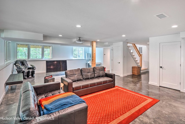 158 Rivka Rd, Saugerties, NY 12477 - living area with finished concrete floors, visible vents, stairs, baseboards, and recessed lighting
