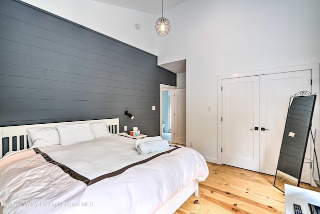 158 Rivka Rd, Saugerties, NY 12477 - bedroom with light wood finished floors, high vaulted ceiling, wood walls, baseboards, and a closet