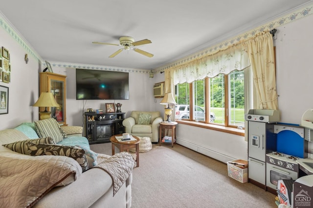 living room with a baseboard heating unit, a ceiling fan, carpet floors, crown molding, and an AC wall unit