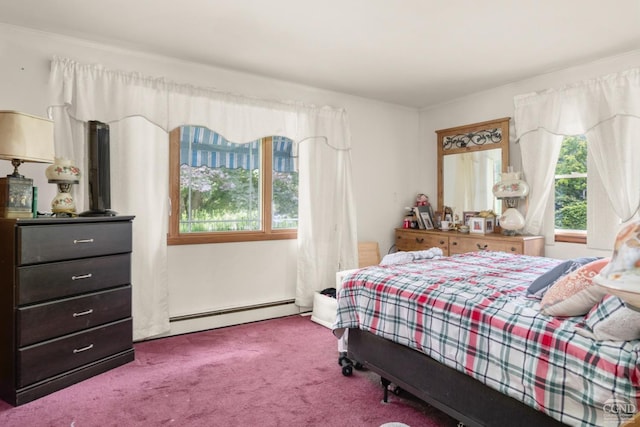 carpeted bedroom featuring multiple windows, a baseboard radiator, and ornamental molding