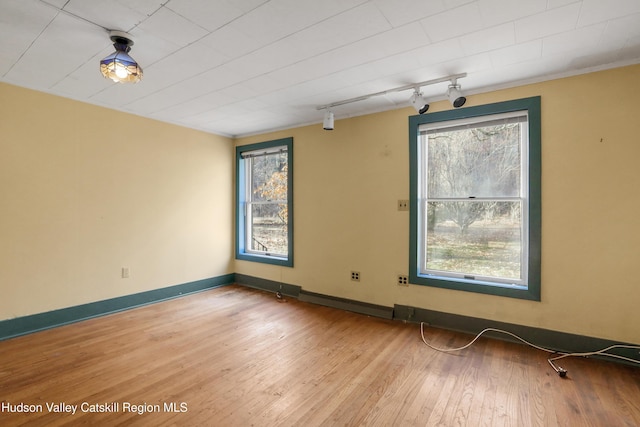 unfurnished room featuring rail lighting, a healthy amount of sunlight, and light hardwood / wood-style floors