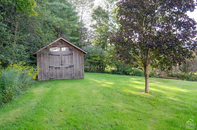 view of grassy yard with a storage shed and an outbuilding