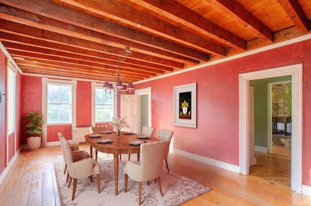 dining space with light wood finished floors, a chandelier, beam ceiling, and baseboards