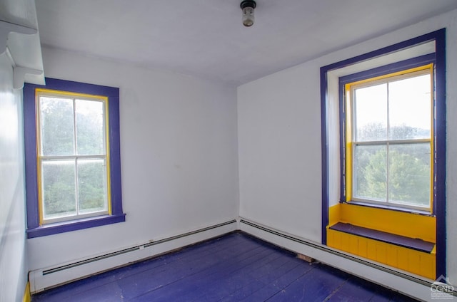 empty room with healthy amount of natural light, dark wood-style floors, and a baseboard radiator