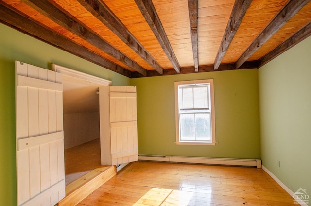 unfurnished bedroom with beam ceiling, a baseboard heating unit, light wood-style floors, wooden ceiling, and baseboards