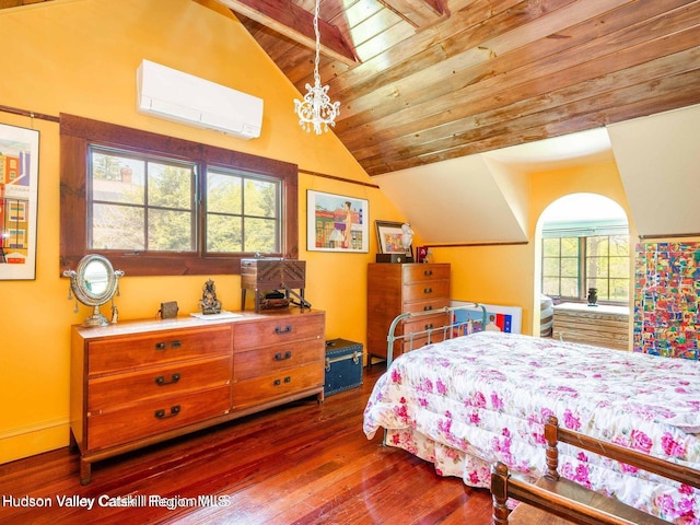 12 Library Ln, Woodstock, NY 12498 - bedroom with a wall mounted AC, hardwood / wood-style floors, a chandelier, and wood ceiling
