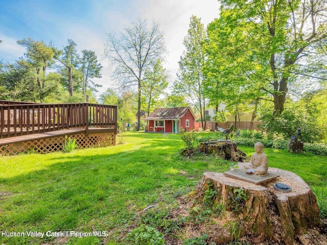 12 Library Ln, Woodstock, NY 12498 - view of yard featuring a wooden deck and an outdoor structure